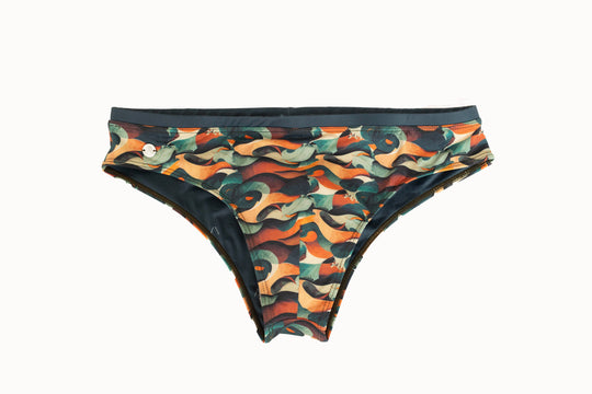 Wave camouflage swim brief, dark waistband, multicolor patterned front