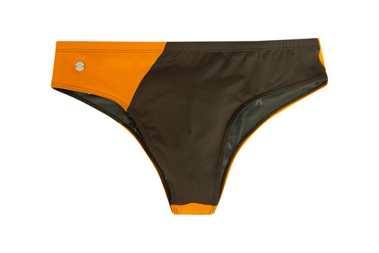 Flat lay swim brief: orange front panel with dark back and small logo button