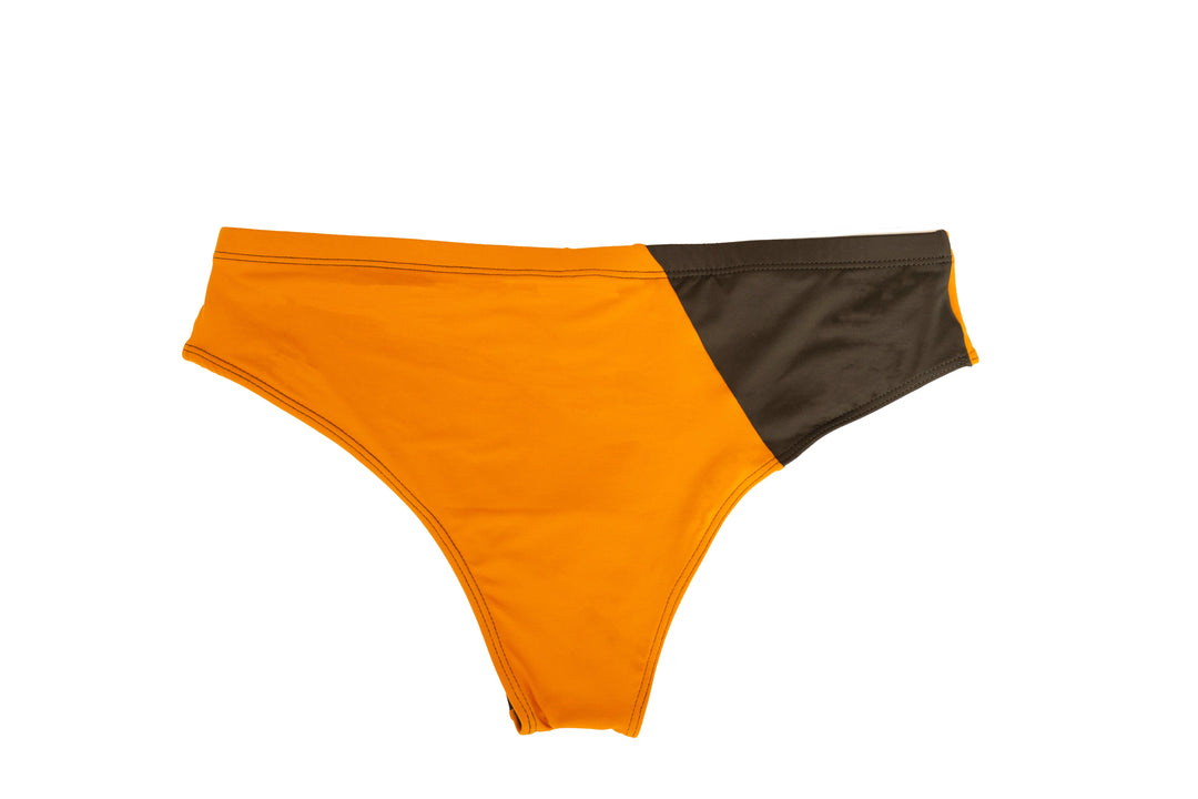 Side view swim brief: solid orange with dark diagonal contrast panel