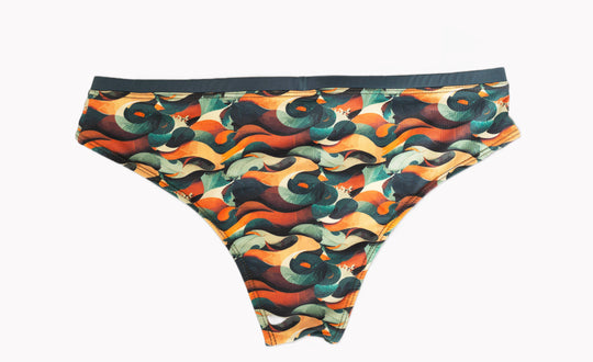 Wave camouflage swim brief, multicolor pattern, rear view flat
