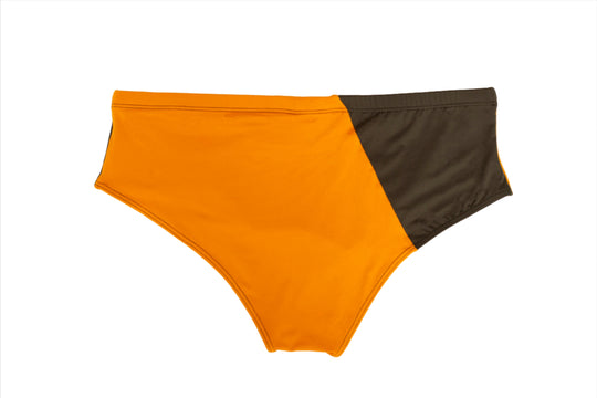 Orange-and-dark athletic swim briefs with smooth waistband and angled side seam
