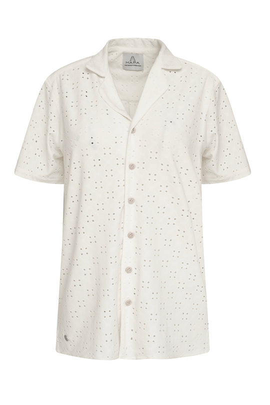 Restless Shirt flat lay, off-white short-sleeve button-up with English embroidery