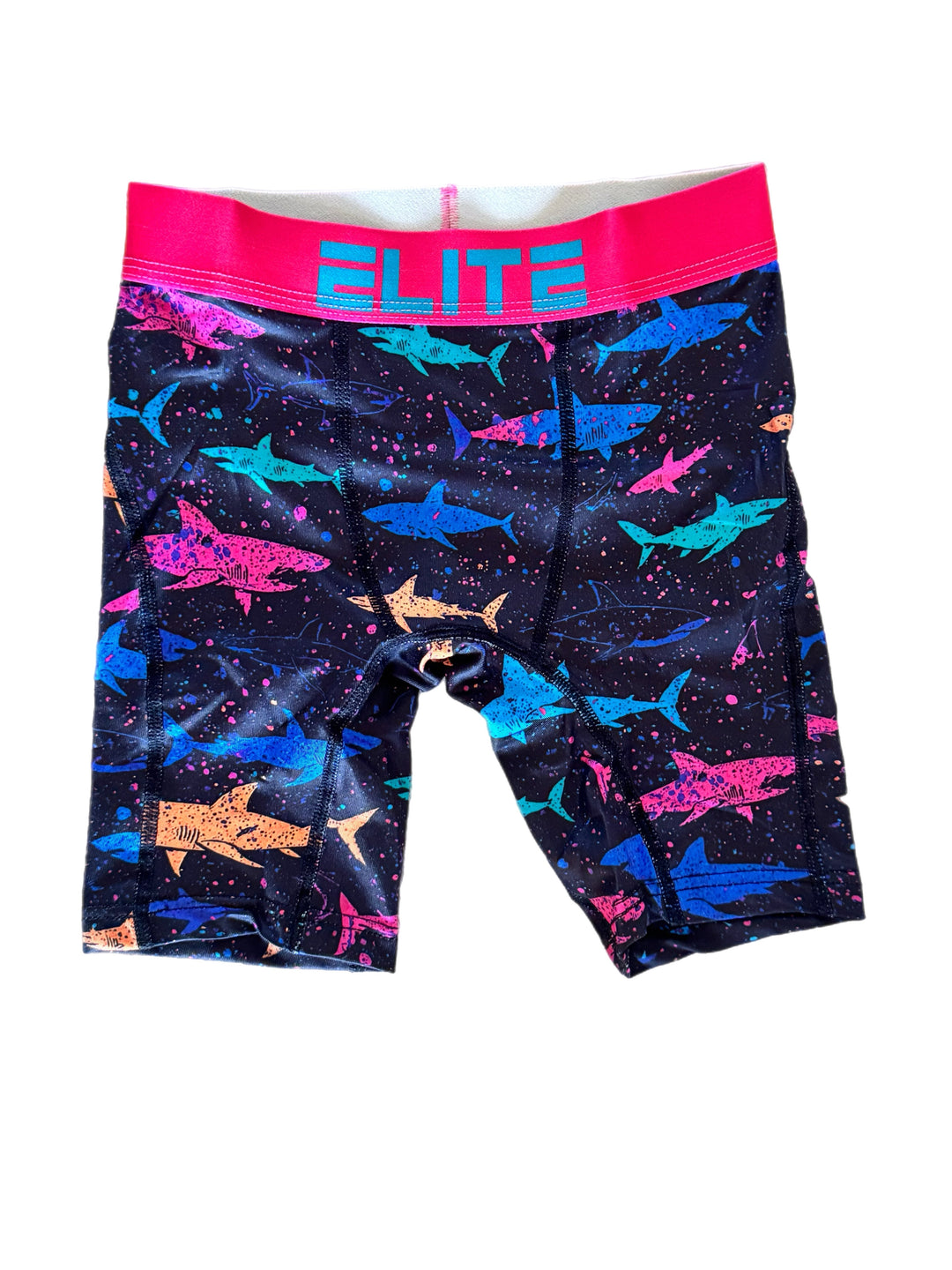 The Elite Co youth boxer briefs with colorful shark graphic and pink waistband