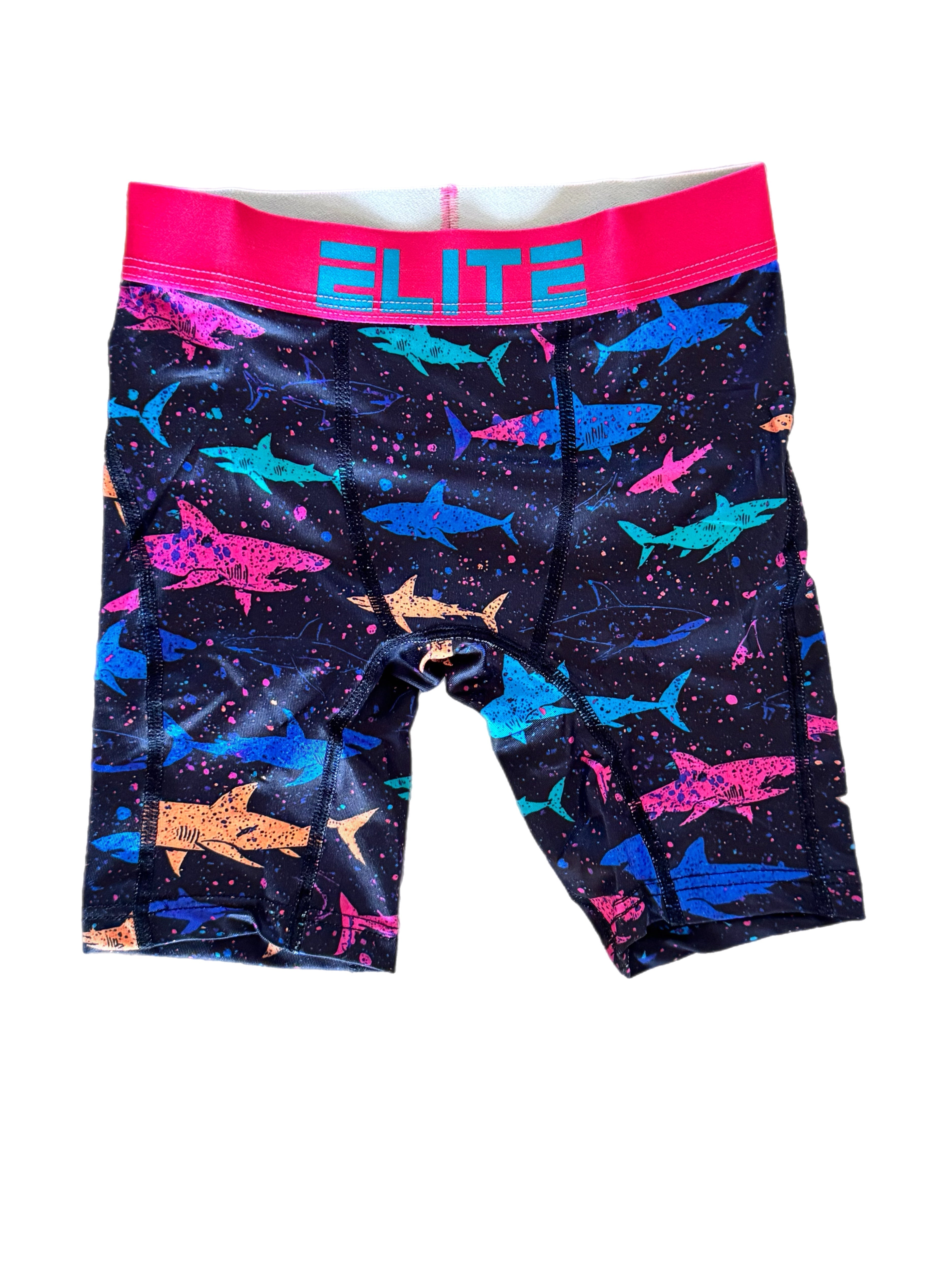 The Elite Co youth boxer briefs with colorful shark graphic and pink waistband