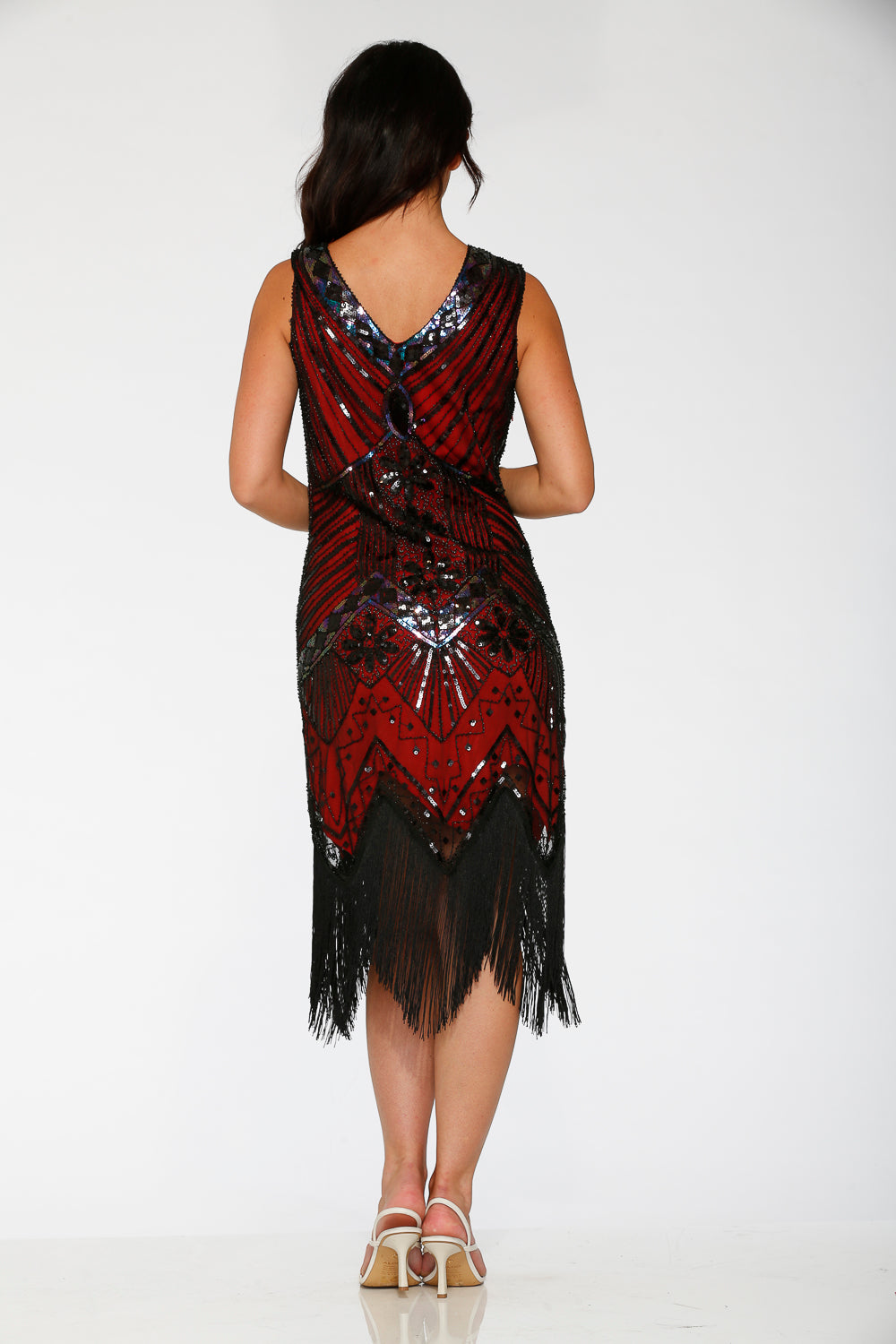 Back view of black and red flapper dress with V-back neckline and beaded center panel