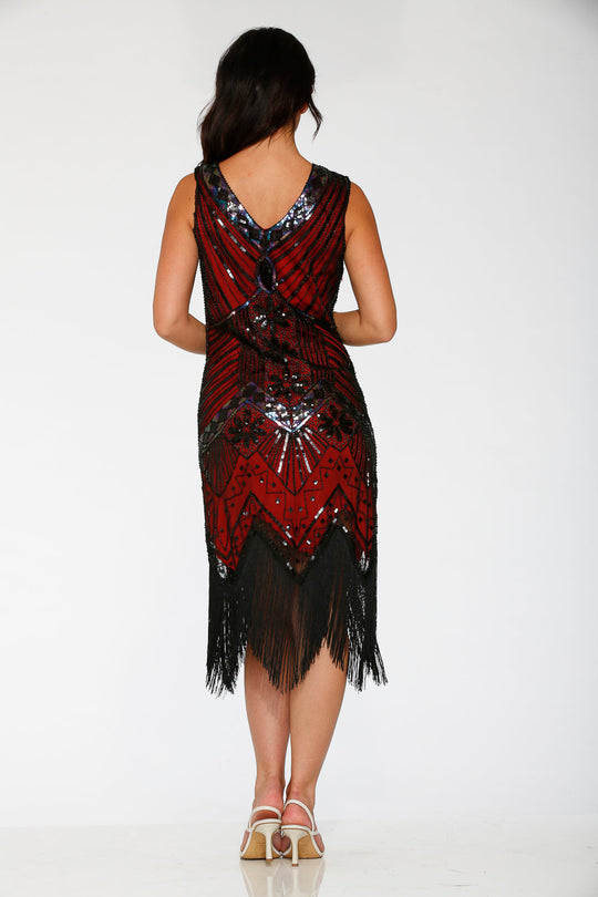 Back view of black and red flapper dress with V-back neckline and beaded center panel
