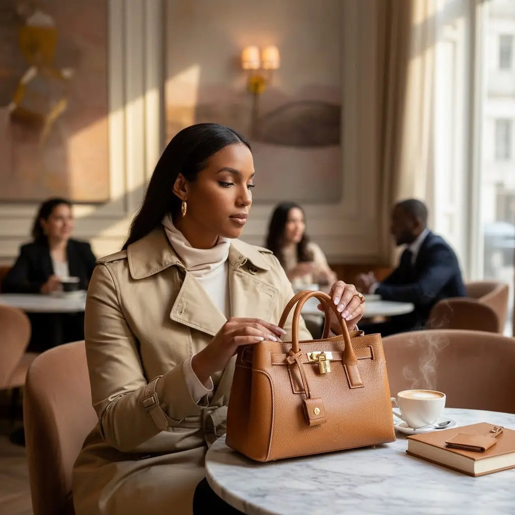 Tan leather satchel with gold turn-lock and top handles