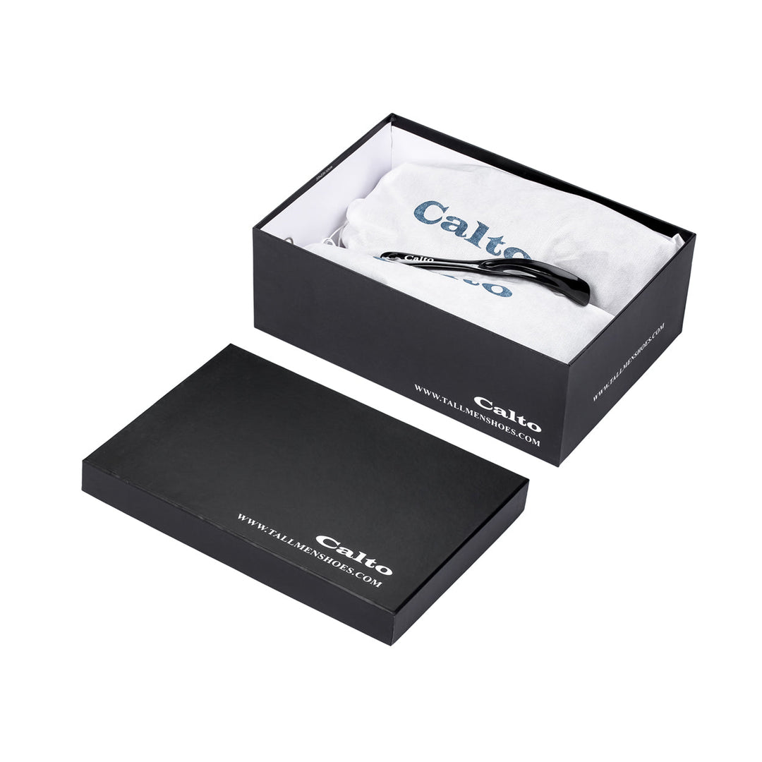 CALTO shoe box packaging with tissue and shoelaces, black box with white logos