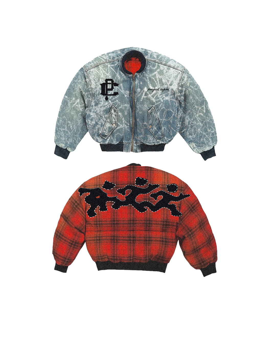 Reversible bomber sides: light blue mottled front and red plaid with graffiti print