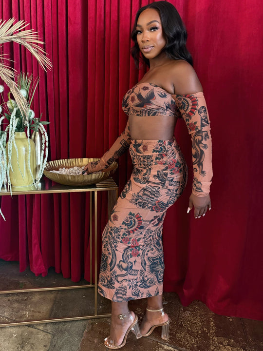 Boho Inked Muse Set off-shoulder bandeau crop top with matching fitted midi skirt