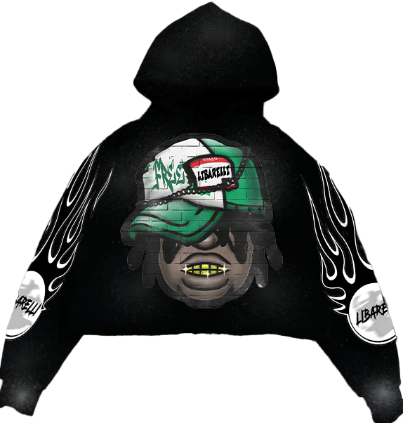 Black Chief hoodie with front graphic and flame-style sleeve prints.