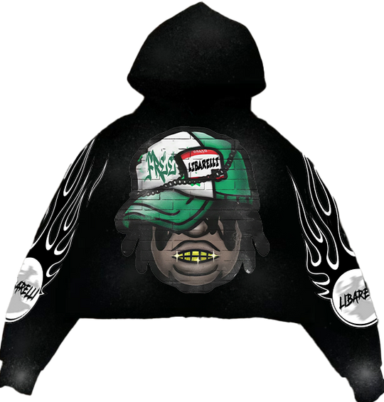 Black Chief hoodie with front graphic and flame-style sleeve prints.