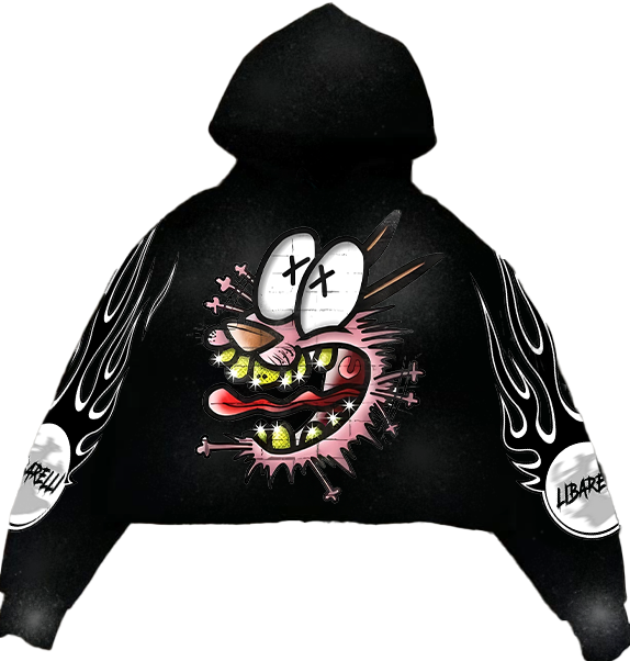 Black hoodie with colorful cat face graphic and flame-style sleeve prints