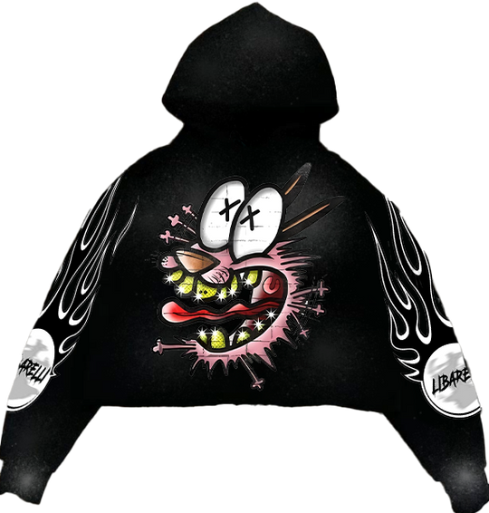 Black hoodie with colorful cat face graphic and flame-style sleeve prints