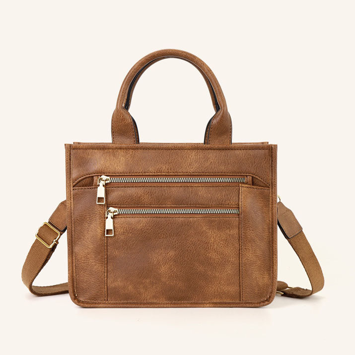 Jordan Mixed Media Tote in Cognac leather with top handles and crossbody strap