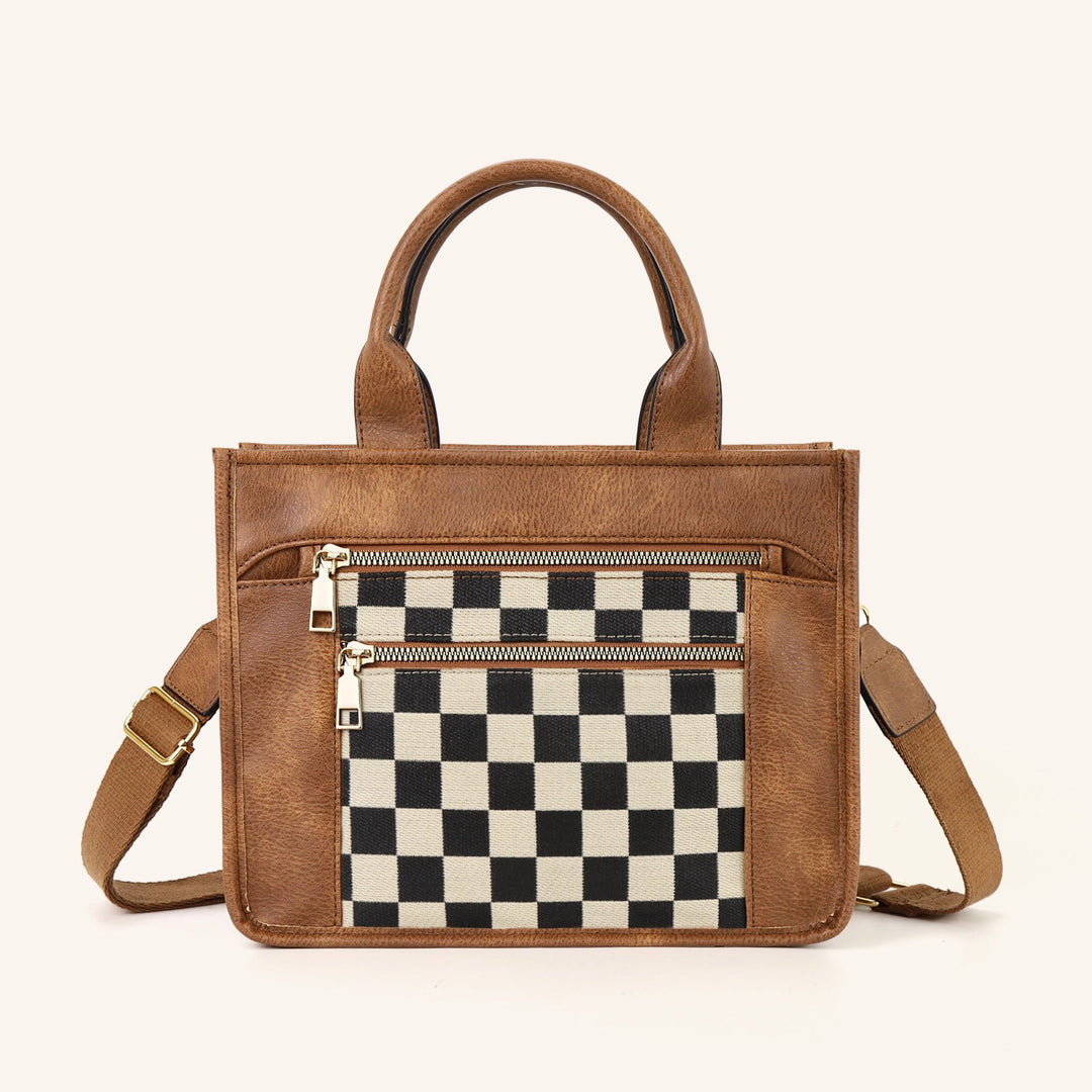 Jordan Mixed Media Tote with checkered black-and-white panel, cognac handles, strap