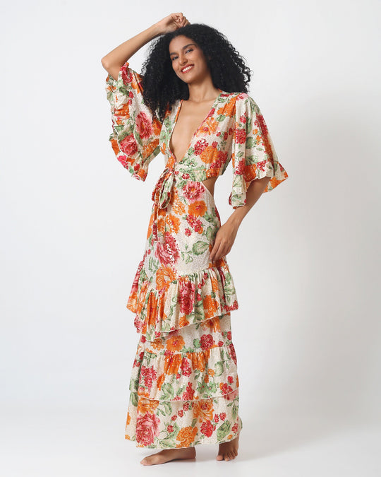 Cabo Dress: bunter Blumenprint, V-Ausschnitt, dreistufiger Rüschenrock