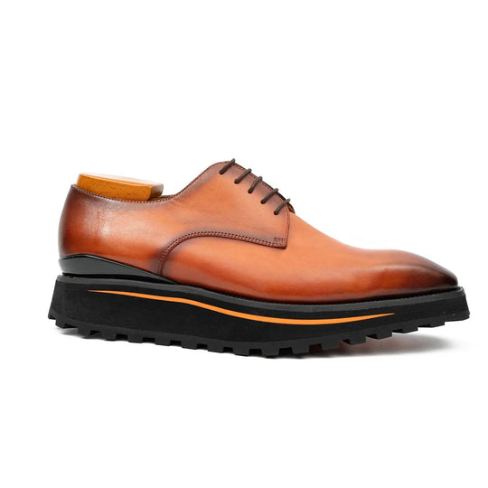Brown calf leather lace-up derby shoes with thick black outsole and orange edge trim