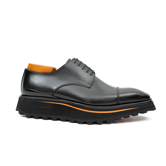 Black calf-leather derby shoes with three-quarter lace-up and orange trim sole
