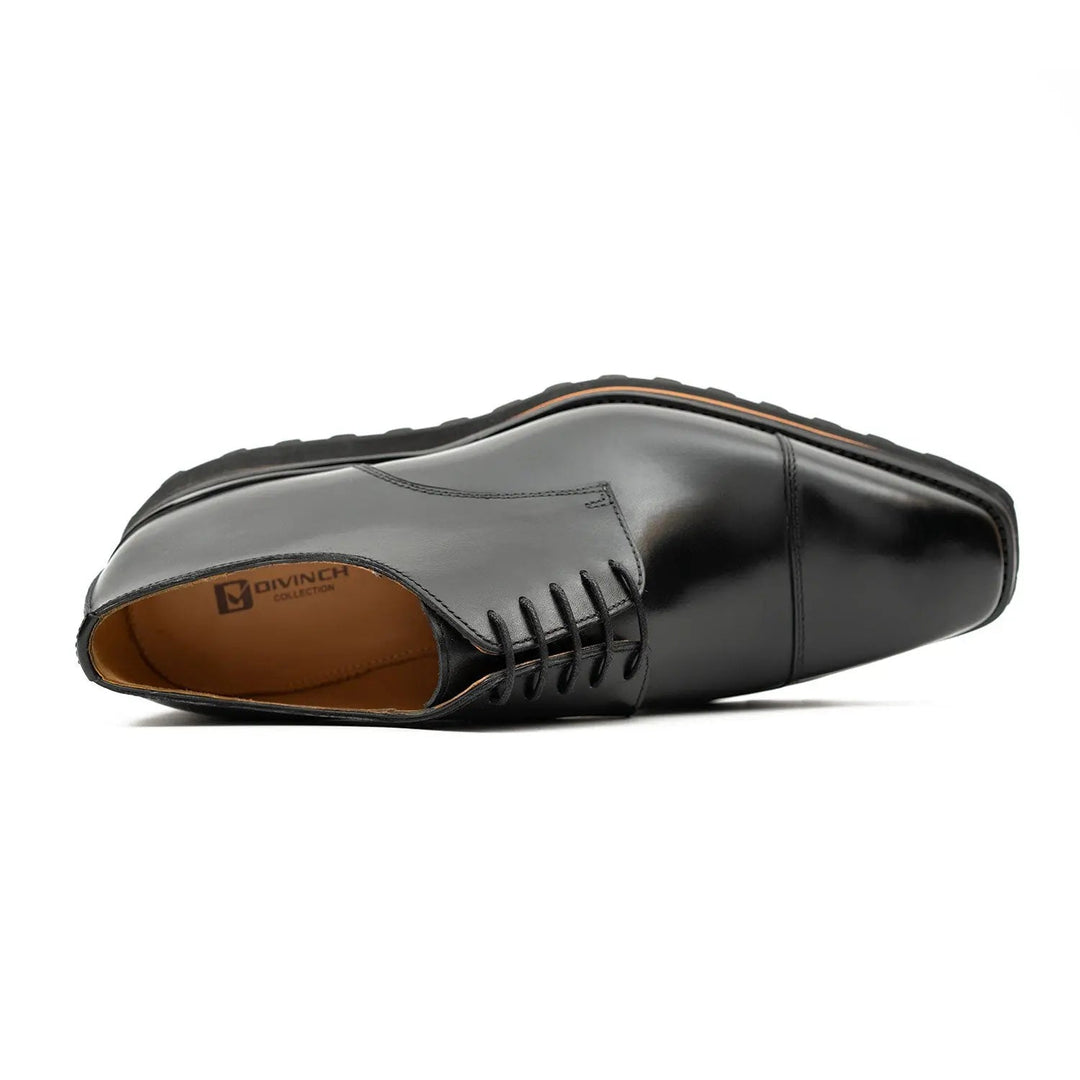 DV DIVINCH derby shoes: black leather upper, lace-up front, tan insole