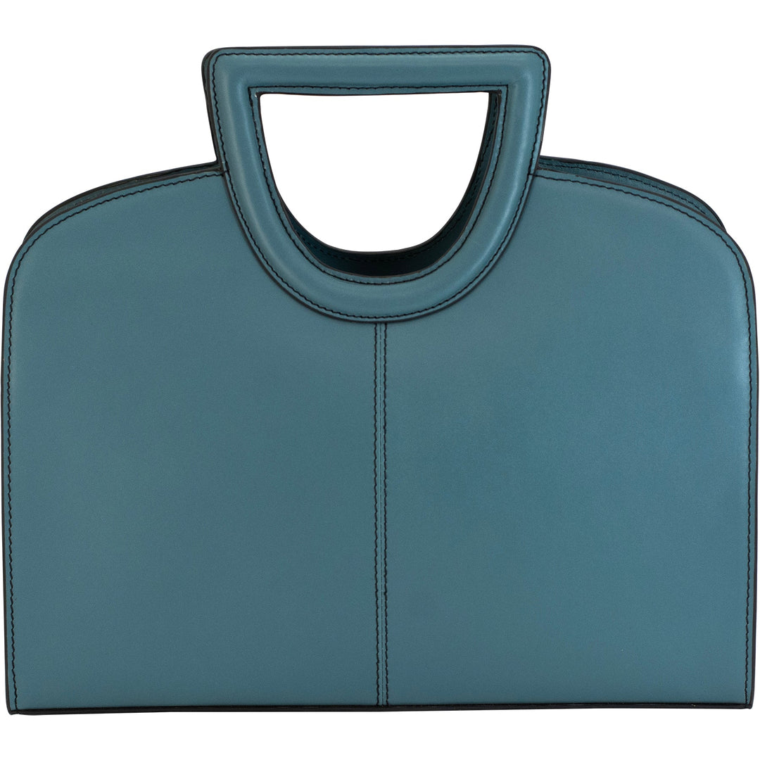 Clarice handbag front view with top handle loop opening and clean stitched panel