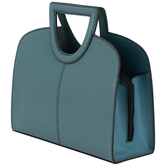 Clarice handbag in teal with top handle cutout and curved front panel