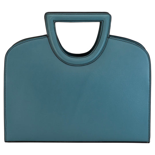 Clarice handbag front panel with semicircle handle opening and structured base