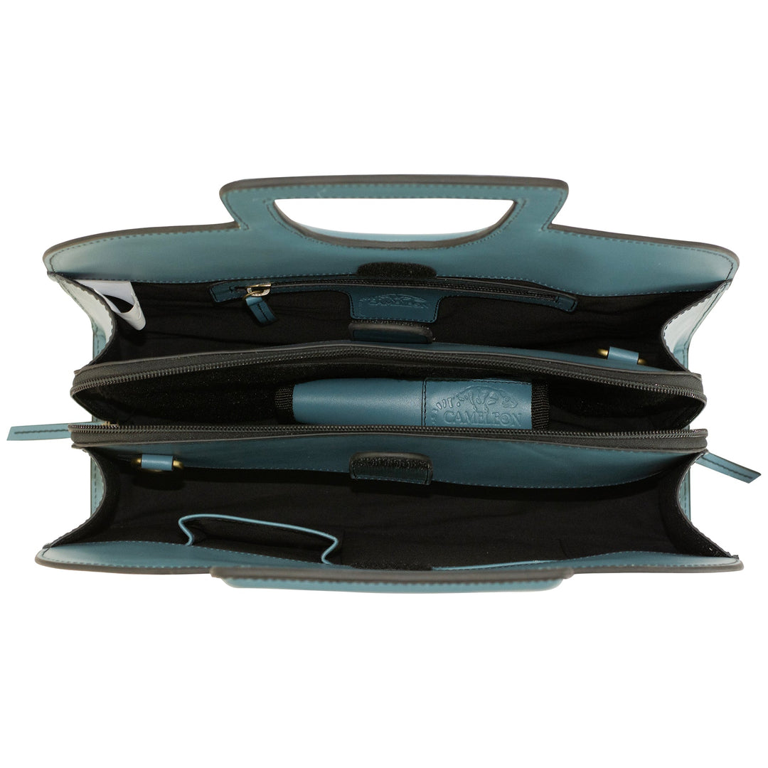 Clarice handbag interior view with zip closure and teal lining