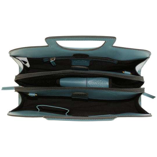 Clarice handbag interior view with zip closure and teal lining