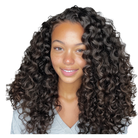 Prude Peruvian curly hair, tight ringlets framing face on model