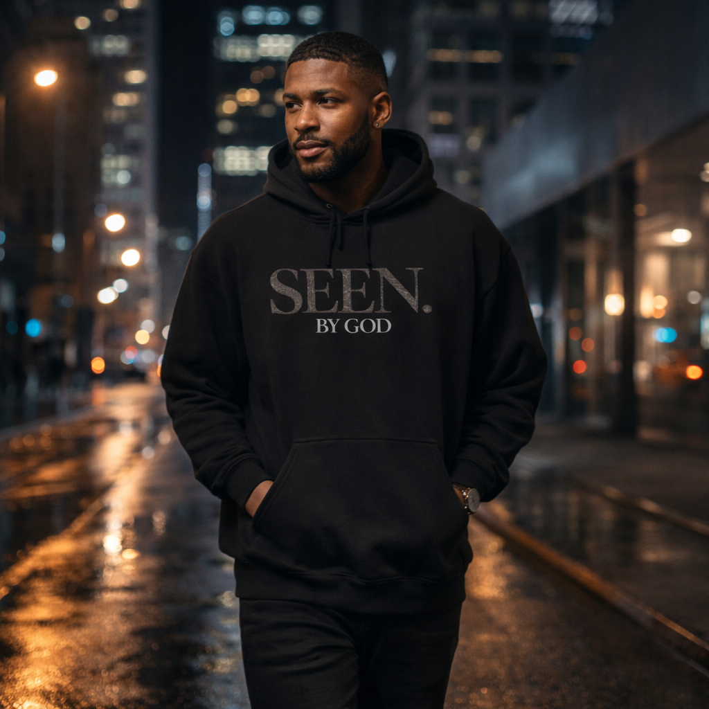 Black SEEN. by God hoodie pullover with front logo and kangaroo pocket