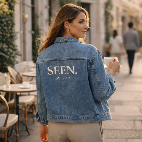 SEEN. BY GOD denim jacket, medium wash—back graphic visible as model wears it.