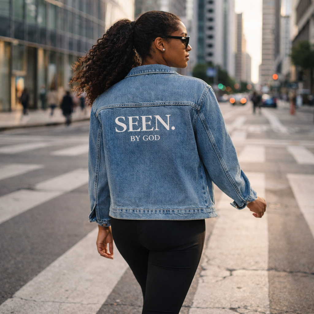 Medium-wash oversized denim jacket with SEEN. BY GOD back graphic, worn from back.