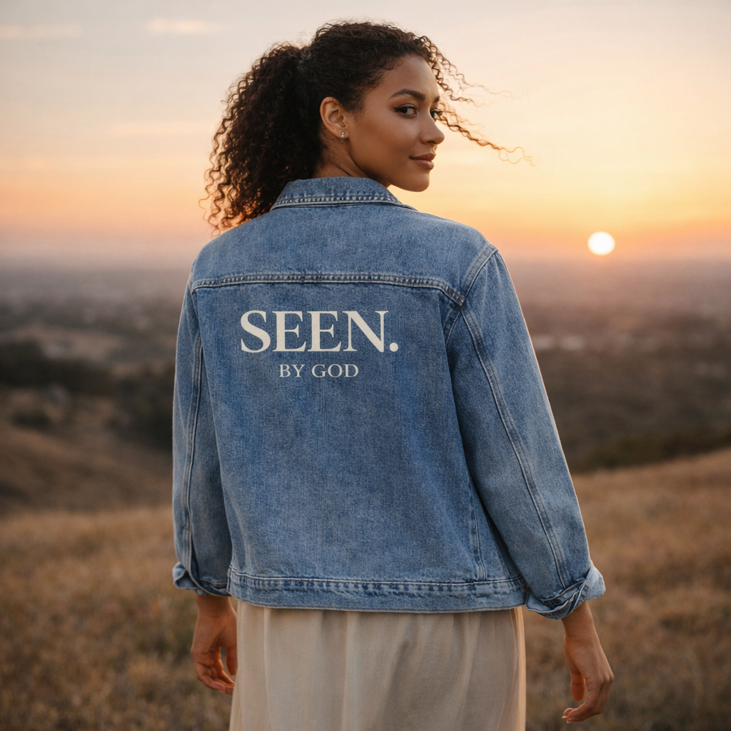 Medium-wash oversized denim jacket with SEEN. BY GOD text on back, model side view.