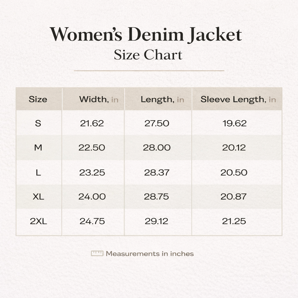 Women’s denim jacket size chart with width, length, and sleeve length in inches.