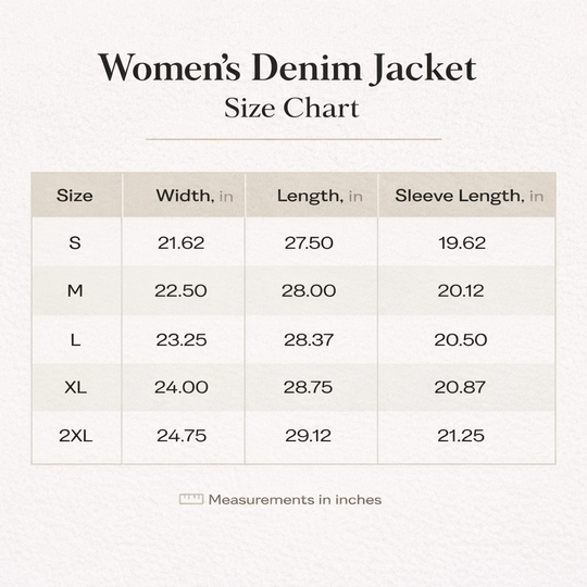 Women’s denim jacket size chart with width, length, and sleeve length in inches.