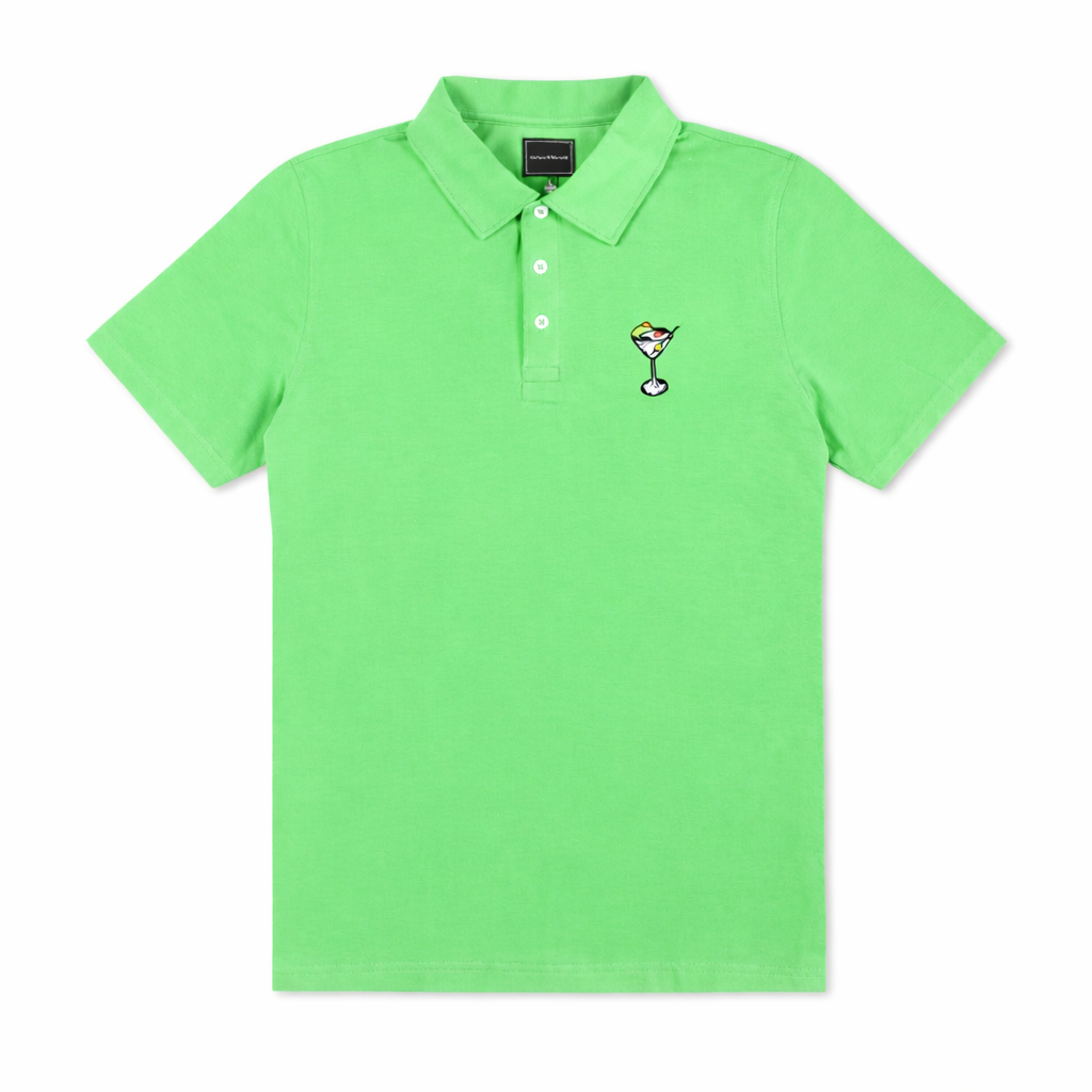 Grünes Polohemd, kurzer Ärmel, Kragen mit Knöpfen und Cocktail-Logo
