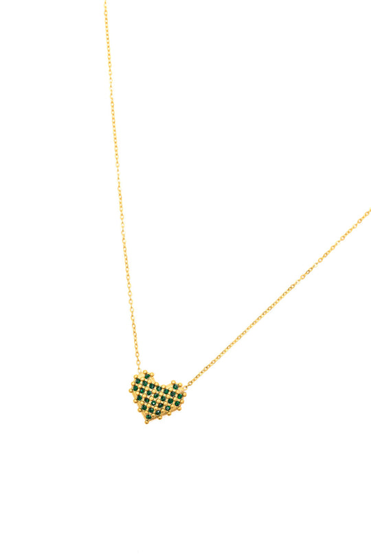 Checkered heart pendant necklace, gold chain with green-and-gold heart, full view