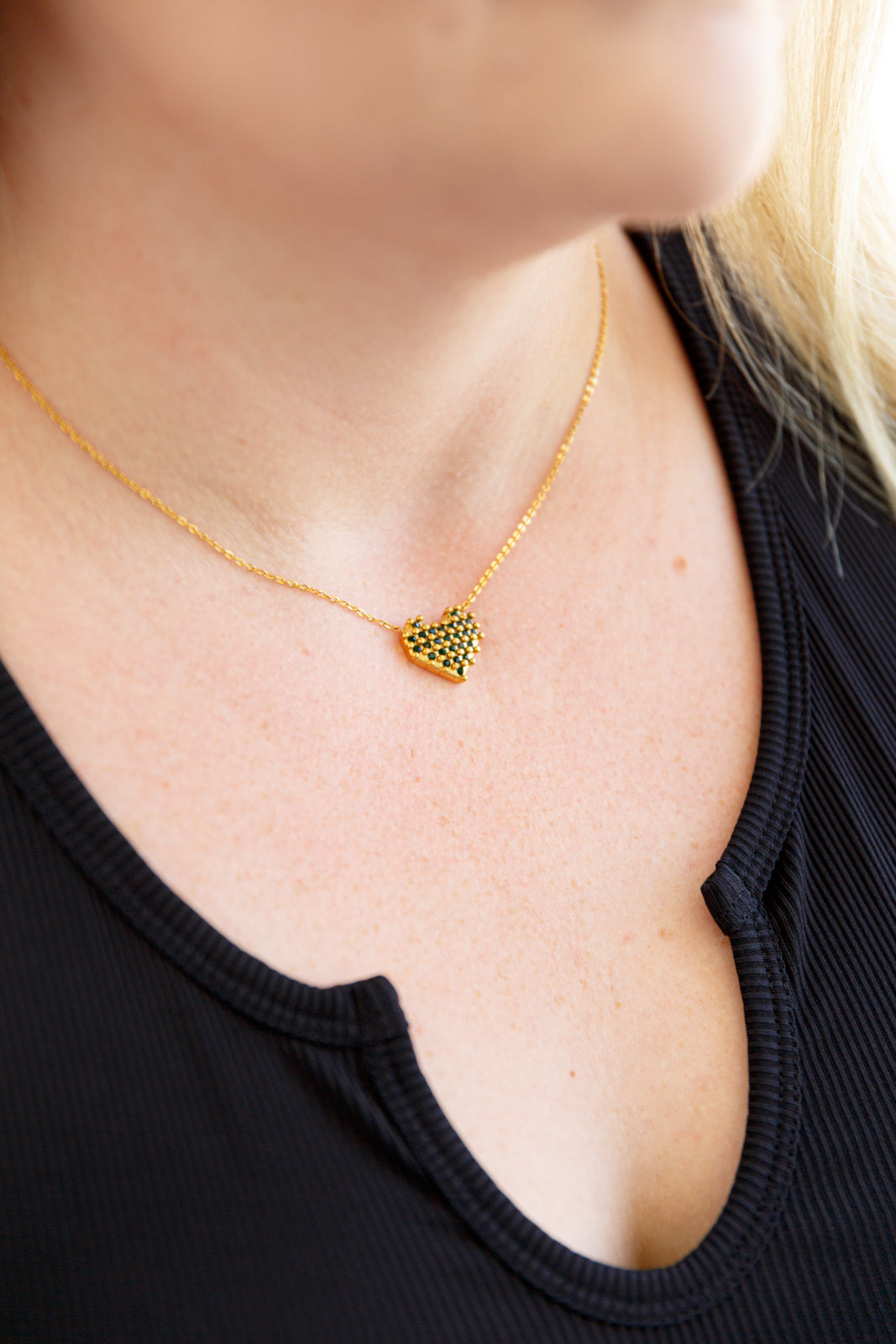 Gold-tone checkered heart pendant necklace, small sparkle heart on chain