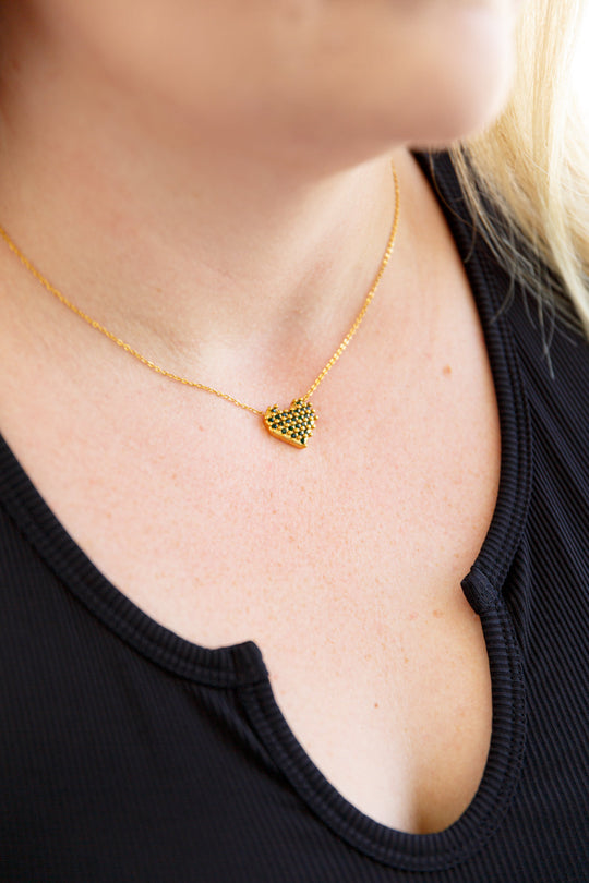 Gold-tone checkered heart pendant necklace, small sparkle heart on chain