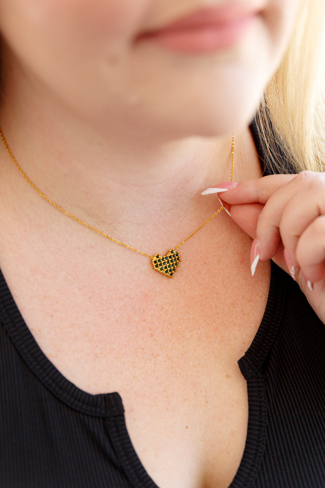Checkered heart pendant necklace, gold chain with textured heart detail