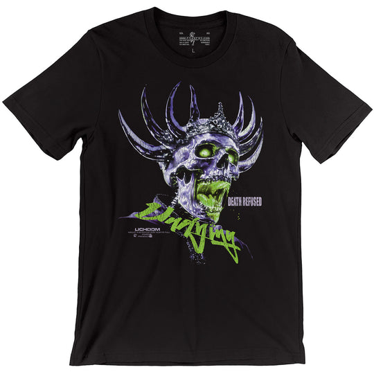 Undying Lich Tee, black T-shirt with blue horned skull and neon green lettering accents