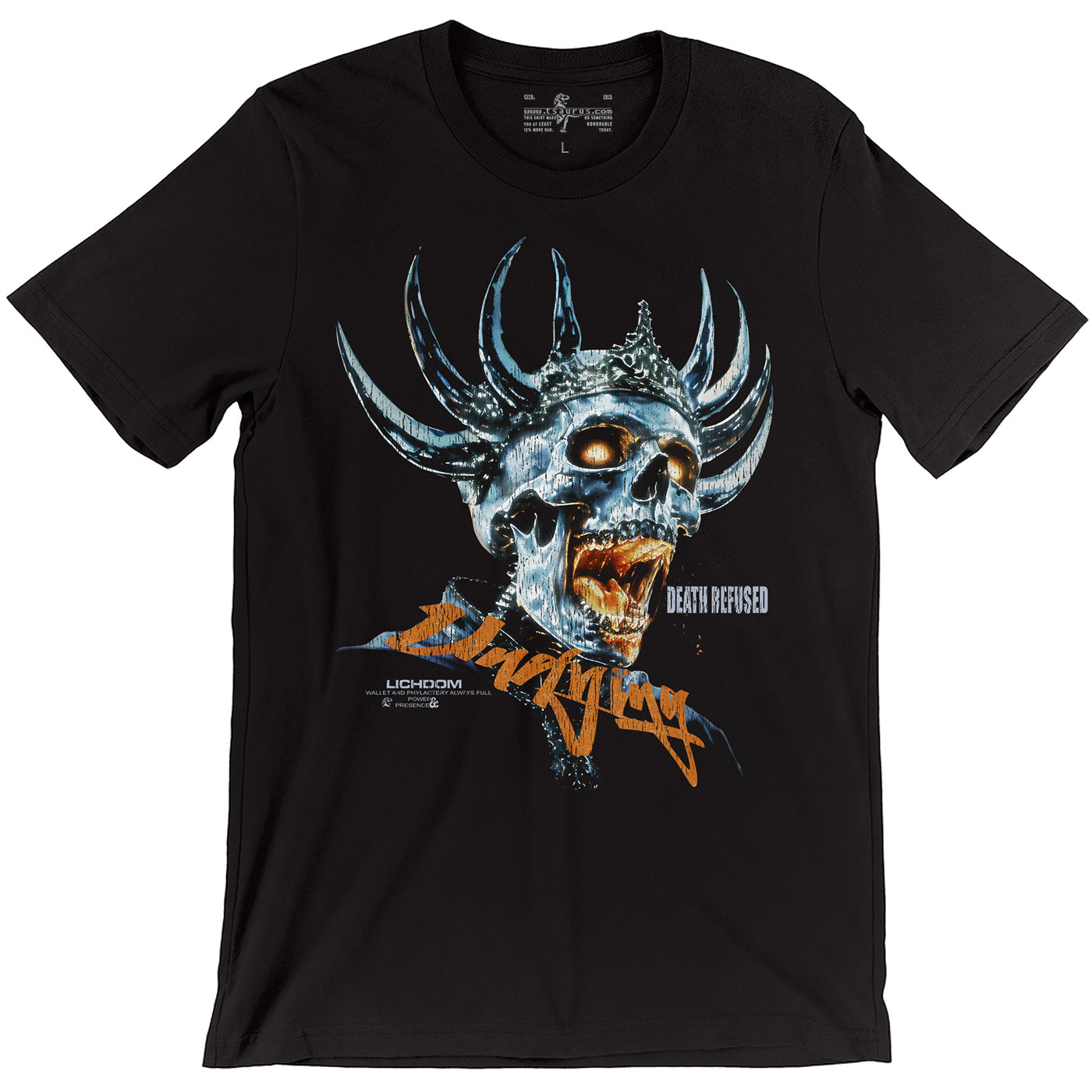 Undying Lich Tee, black T-shirt with blue horned skull graphic and orange accents
