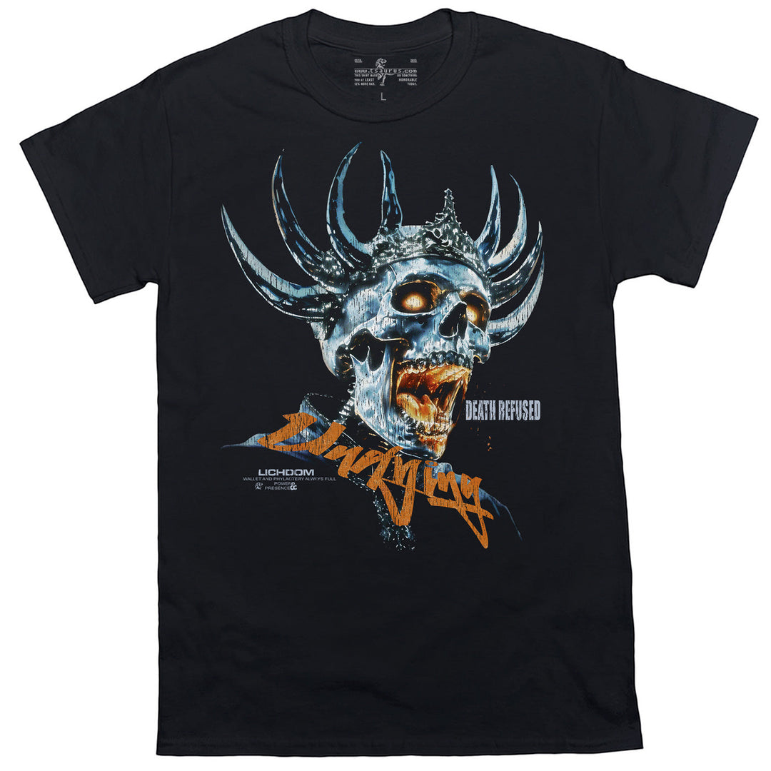 Undying Lich Tee, black tee with centered blue horned skull and orange scarf-like text