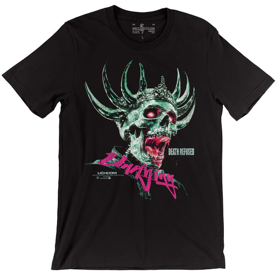 Undying Lich Tee, black shirt with blue horned skull and magenta/pink lettering accents