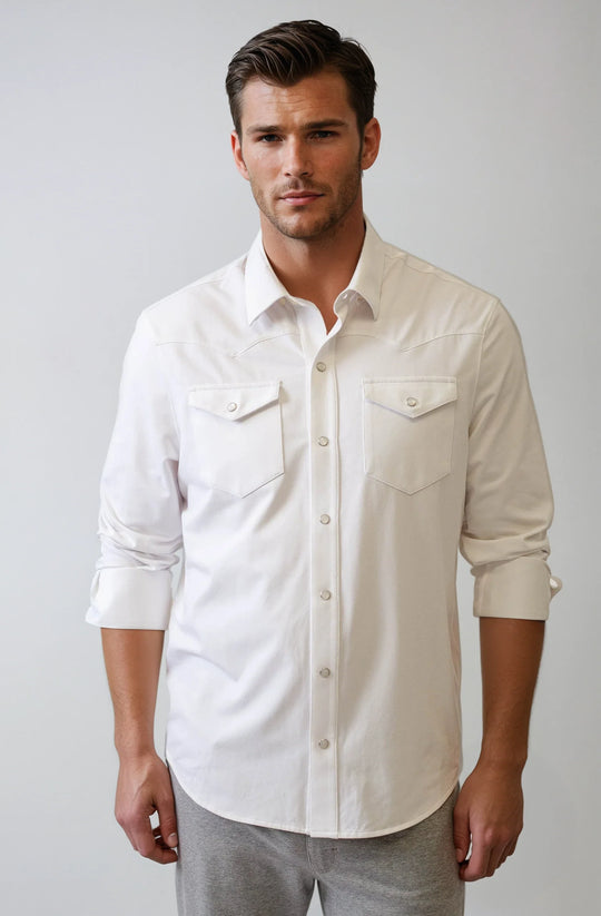White Western tech button-up shirt with snap-style front buttons and chest pockets