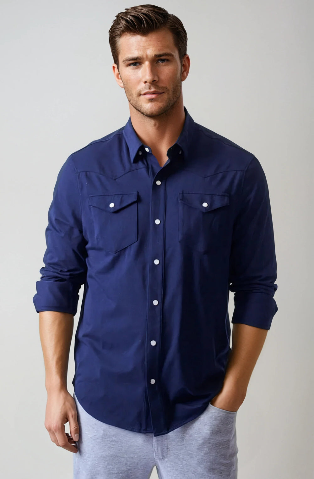Navy Western tech button-up shirt with snap-style front buttons and chest pockets