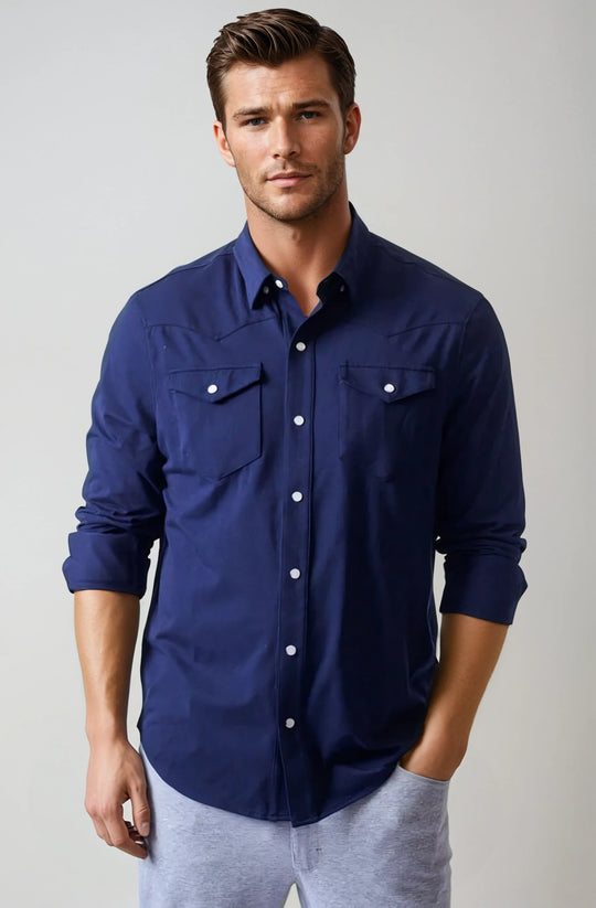 Navy Western tech button-up shirt with snap-style front buttons and chest pockets