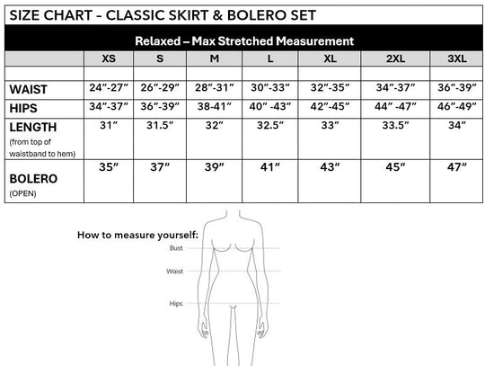 Size chart for Classic Skirt &amp; Bolero Set: relaxed and max stretched measurements