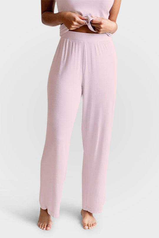 Collagen Lounge Pant in Blush Pink, elastic waist and drapey straight-leg style.